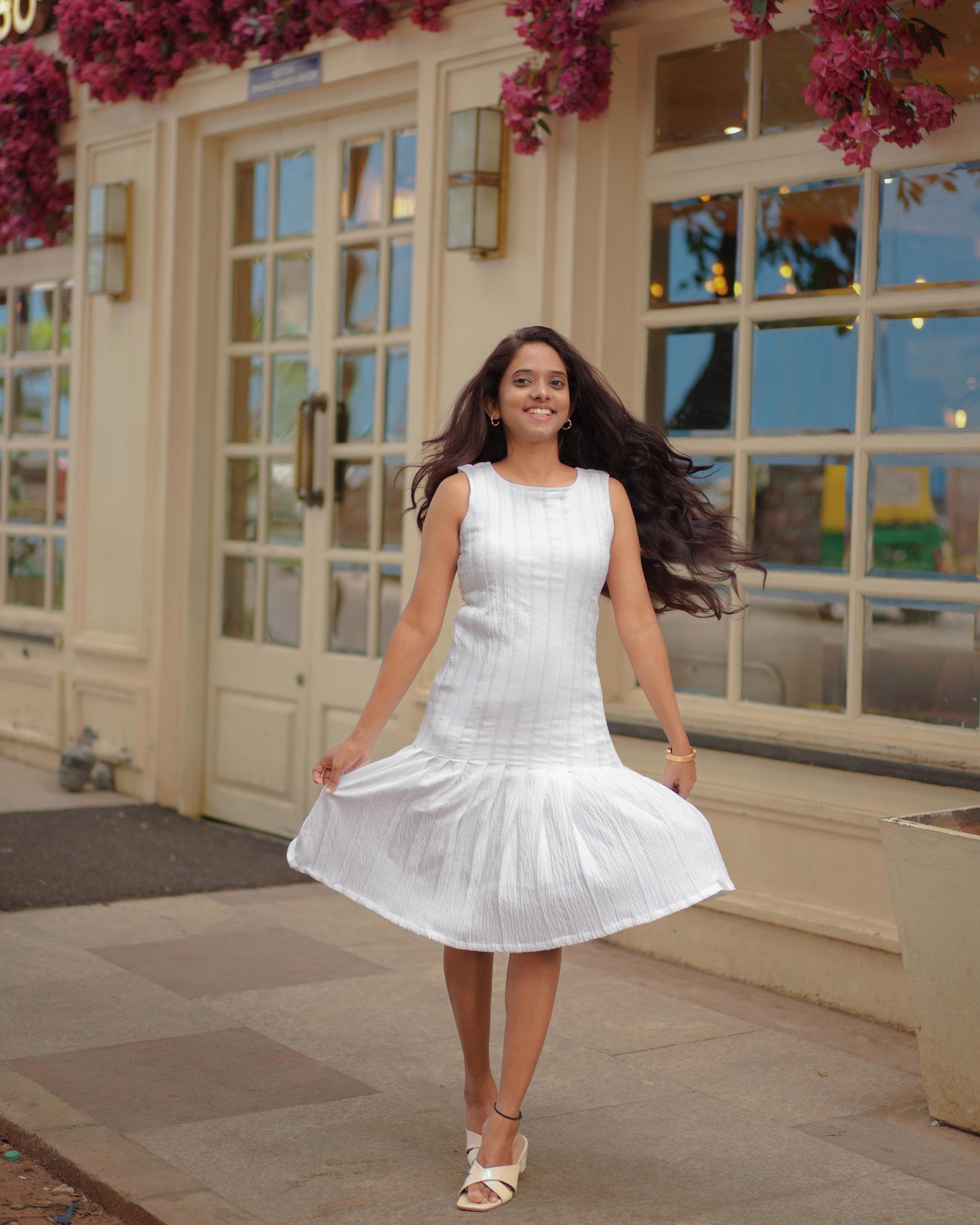 White Pleated Cotton Dress