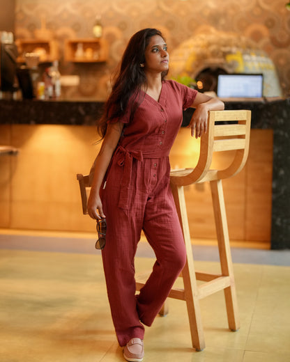 Eco-Friendly Burnt Orange Muslin Cotton Jumpsuit | Sustainable Womenswear