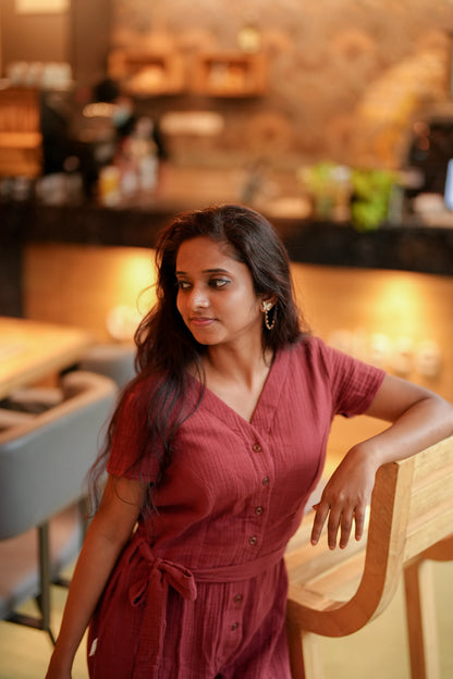 Eco-Friendly Burnt Orange Muslin Cotton Jumpsuit | Sustainable Womenswear