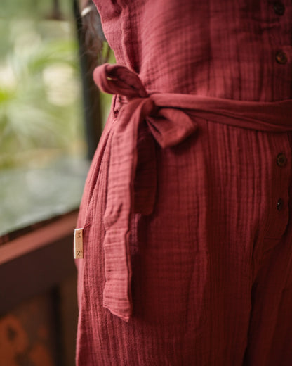 Eco-Friendly Burnt Orange Muslin Cotton Jumpsuit | Sustainable Womenswear