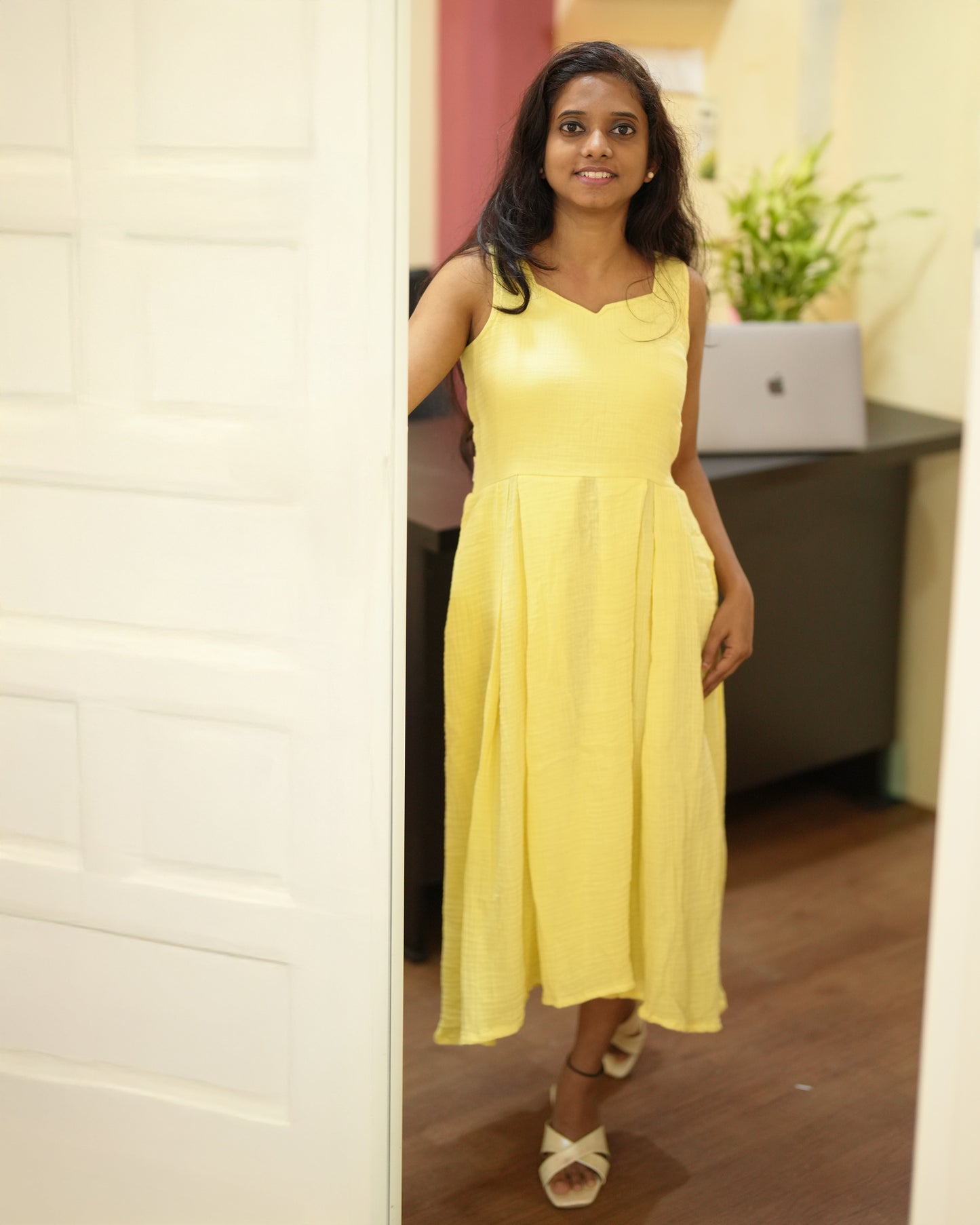 Nova Yellow Muslin Cotton Backless Dress | KIZ Vesture