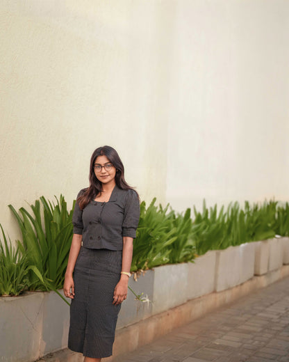 Midnight Black Kantha Retro-inspired Top & Pencil Skirt Duo Set