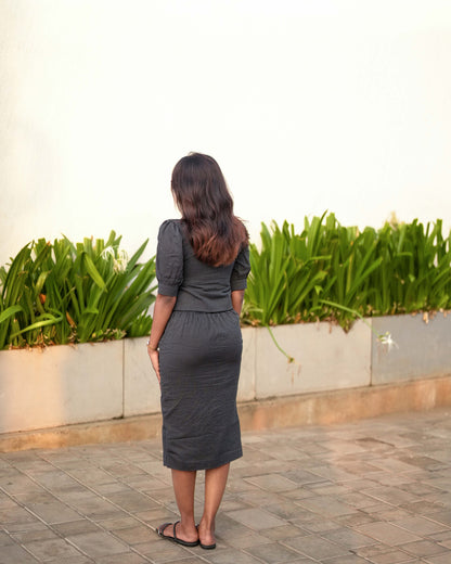 Midnight Black Kantha Retro-inspired Top & Pencil Skirt Duo Set