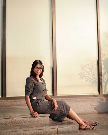 Midnight Black Kantha Retro-inspired Top & Pencil Skirt Duo Set