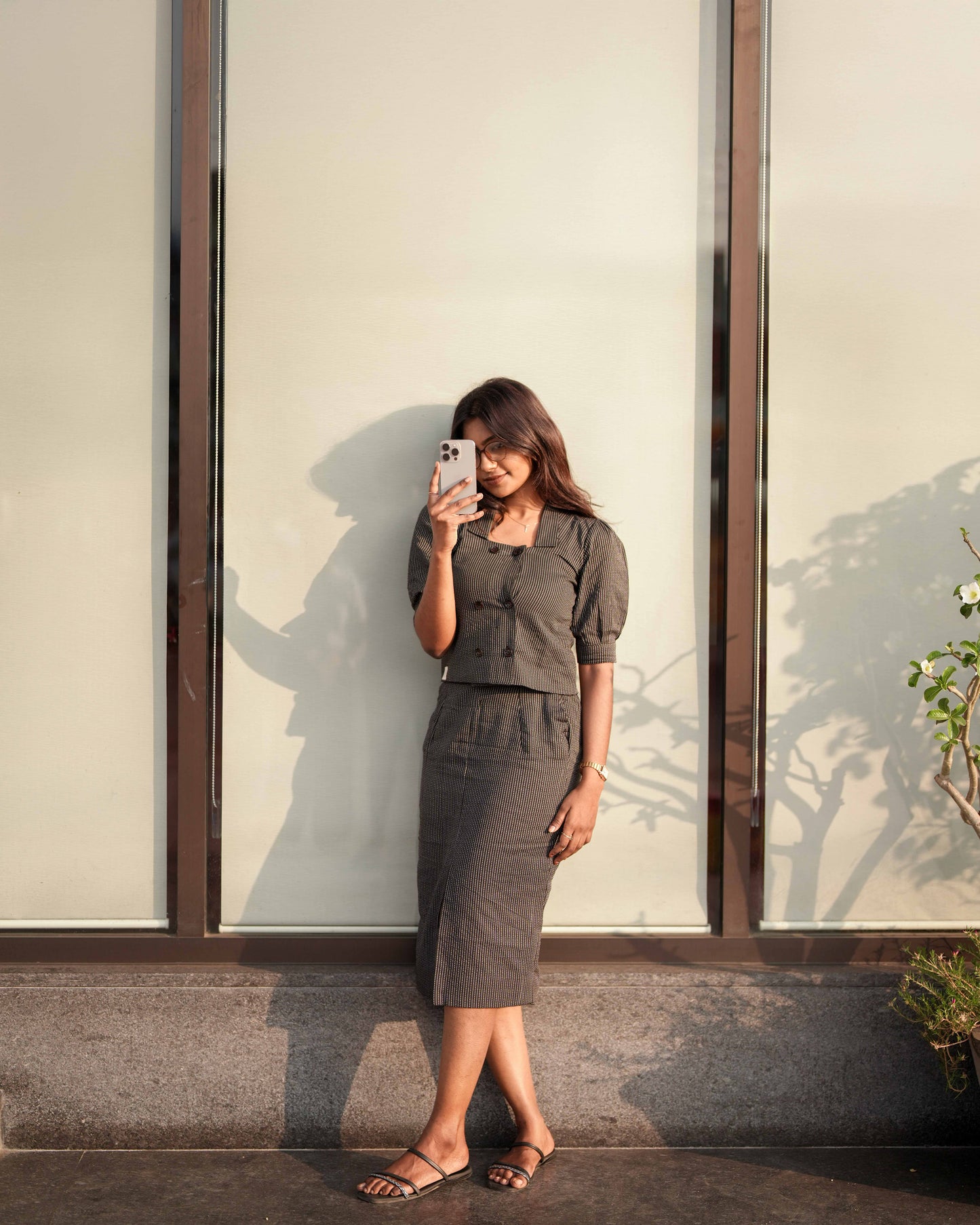 Midnight Black Kantha Retro-inspired Top & Pencil Skirt Duo Set