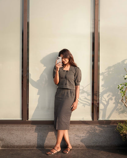 Midnight Black Kantha Retro-inspired Top & Pencil Skirt Duo Set