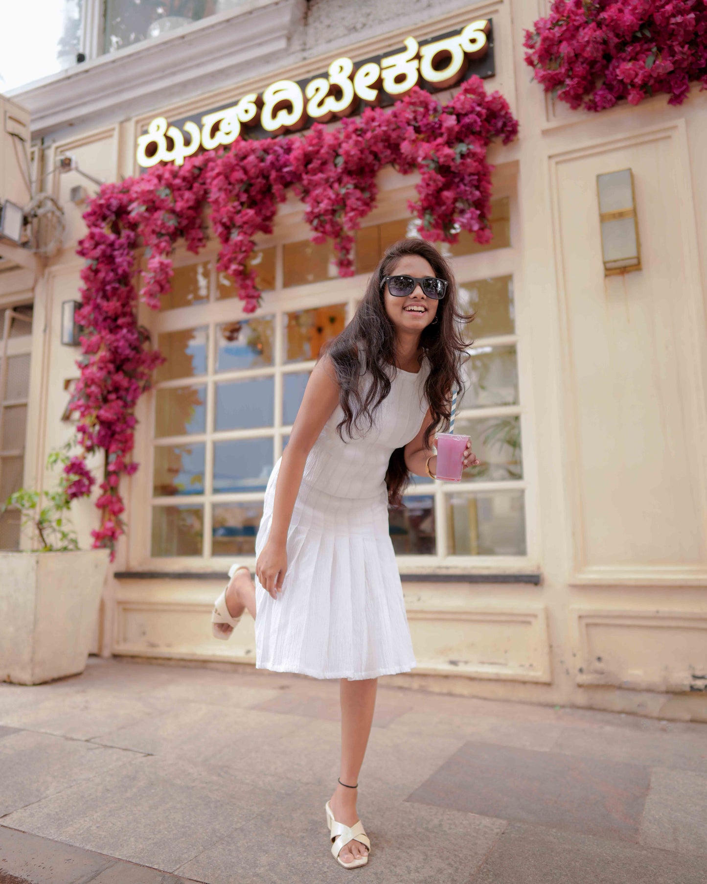 White Pleated Cotton Dress