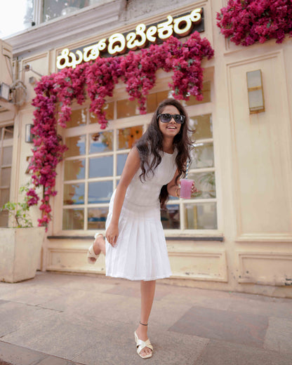 White Pleated Cotton Dress