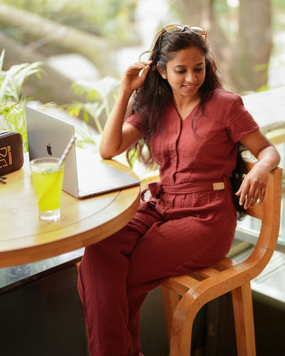Eco-Friendly Burnt Orange Muslin Cotton Jumpsuit | Sustainable Womenswear