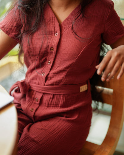 Eco-Friendly Burnt Orange Muslin Cotton Jumpsuit | Sustainable Womenswear