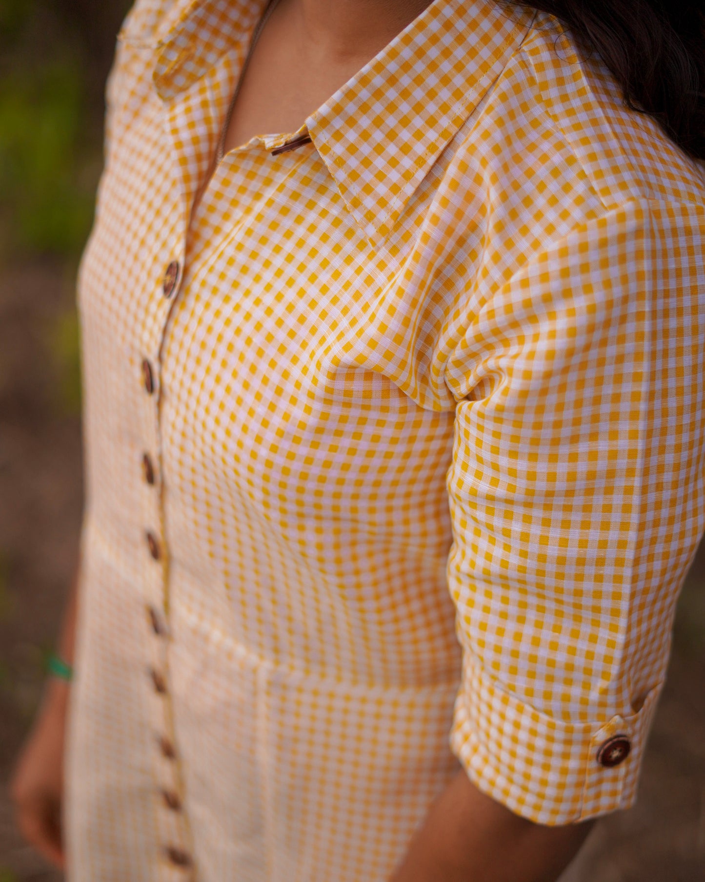 Elevated close-up of the left side of a Cozy One-Piece Shirt Dress, highlighting its soft linen-cotton blend and relaxed fit.