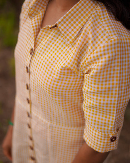 Elevated close-up of the left side of a Cozy One-Piece Shirt Dress, highlighting its soft linen-cotton blend and relaxed fit.