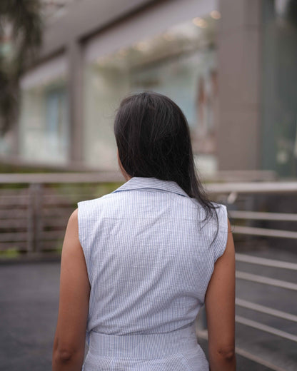Back torso close-up of the Anki Jumpsuit, showcasing its flattering fit and soft crushed cotton texture.